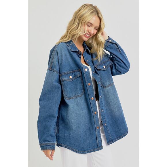 RISEN Snap Button Down Long Sleeves Dark Washed Chest Pockets Denim Shacket - Picture 2 of 6